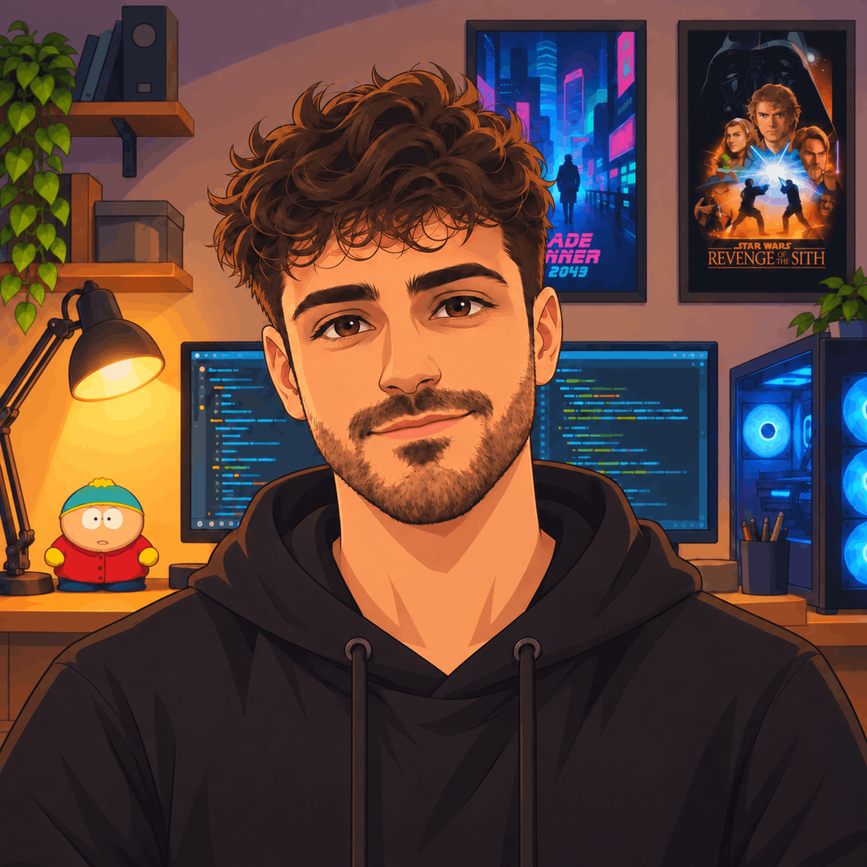 An illustration of me at my desk, in a black hoodie under a warm lamp, with Blade Runner 2049 and Star Wars posters on the wall.